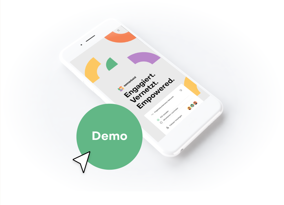 Ein Mobiltelefon mit samarbeid drauf - davor ein kleiner Button mit dem Wort "Demo" - das steht für unser Demosystem.
