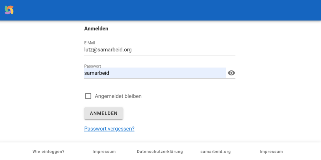 Ein Screenshot der Anmeldeseite von samarbeid im Demosystem zum Ausprobieren.