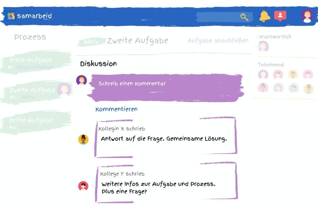 Die Funktion der Kommentare, Diskussion und Chat unter jeder Aufgabe in samarbeid als Illustration.