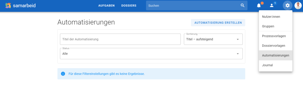 Ein Screenshot von der Funktion Automatisierung in samarbeid.