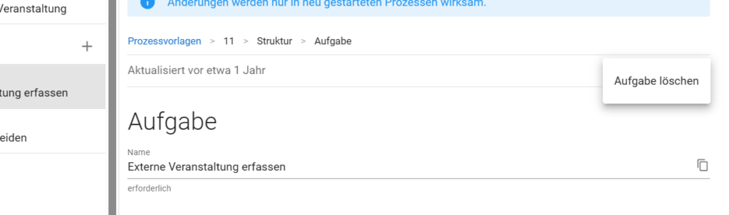 Menüeintrag Aufgabe löschen des Drei-Punkte-Menüs einer Aufgabe in einer Prozessvorlage