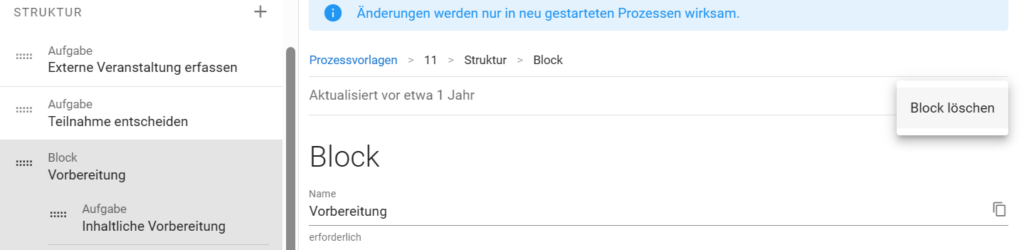 Menüeintrag Block löschen im Drei-Punkte-Menü eines Blocks einer Prozessvorlage