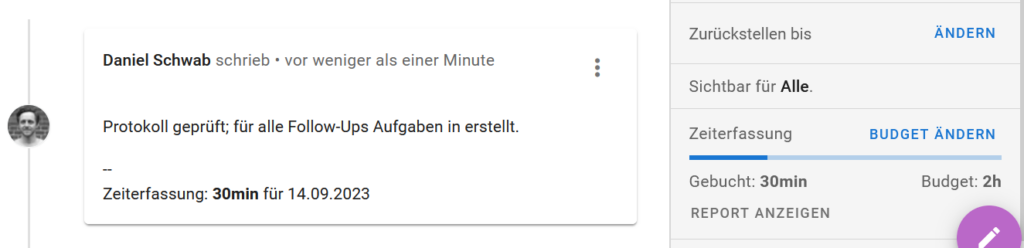 In jeder Aufgabe können jetzt Zeiten erfasst und auf das vorhandene Zeitbudget gebucht werden.