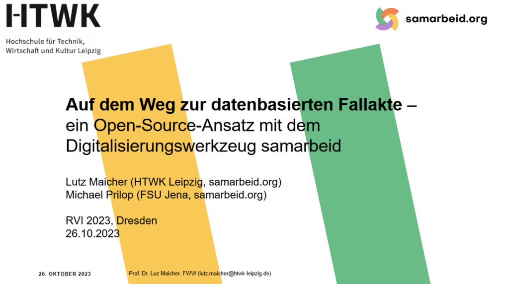 Titel der Präsentation "Auf dem Weg zur datenbasierten Fallakte" von samarbeid auf der RVI 2023.