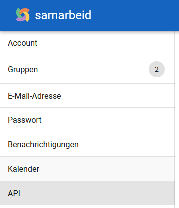 Screenshot des linken Bereichs der Einstellungen des Benutzerprofils in samarbeid - ganz unten ist der Punkt API.