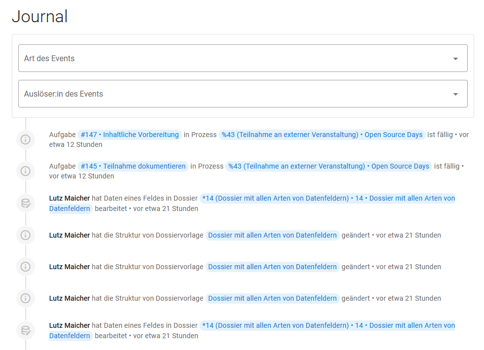 Screenshot vom Journal im Demosystem von samarbeid.